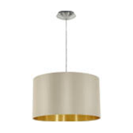 SOSPENSIONE LAMPADARIO MASERLO 1 X E27 ROSONE METALLO NIKEL DIFFUSORE IN TESSUTO TORTORA INTERNO ORO Ø38 H110