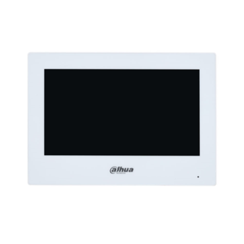 Monitor WIFI 2 fili Dahua. Touch screen capacitivo da 7"". Risoluzione 1024x600. Decodifica H.264/H.265. Ingresso audio e altoparlante. Campanello supportato. Allarme SOS. 6 ingressi / 1 uscita allarme.