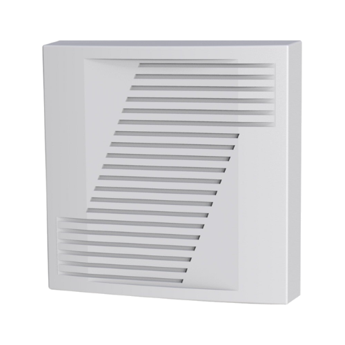 Sirena elettrica di basso profilo per uso in interni. 110 dB (A) a 1 metro. Tono selezionabile come continuo o alternato. Incorpora tamper a scatola e parete. Scatola in plastica ABS di colore bianco. EN50131 Grado 3, Classe ambientale II.