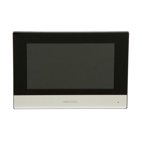 Monitor IP per interni HIKVISION. Wi-Fi supportato. Touch screen capacitivo a colori da 7" (1024x600). Pulsanti touch. Include microfono e altoparlante. Fast Ethernet. 8 ingressi / 2 uscite allarme. RS485. 12V DC. PoE.