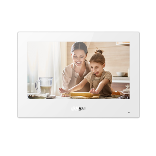Monitor IP WiFi 7 "a colori Dahua. Touch screen capacitivo. Operabile tramite pulsanti touch. H.264. Incorpora microfono e altoparlante. Slot per microSD (scheda non inclusa) .1 RS485. 1 uscita allarme. Montaggio superficiale. Colore bianco. 12 V CC PoE