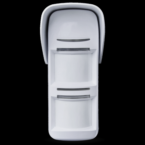 Rivelatore PIR da esterno U-Prox. Obiettivo grandangolare. Due batterie al litio CR123A. Supporto e visiera. Colore bianco.