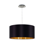 SOSPENSIONE LAMPADARIO MASERLO 1 X E27 ROSONE METALLO NIKEL DIFFUSORE IN TESSUTO NERO INTERNO ORO Ø38 H110