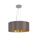 SOSPENSIONE LAMPADARIO MASERLO 3 X E27 ROSONE METALLO NIKEL DIFFUSORE IN TESSUTO CAPPUCCINO INTERNO ORO Ø53 H110