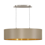 SOSPENSIONE LAMPADARIO MASERLO 2 X E27 ROSONE METALLO NIKEL DIFFUSORE IN TESSUTO TORTORA INTERNO ORO 78 x 22 H110