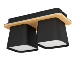 PLAFONIERA RUSCIO 2 X E27 METALLO NERO DETTAGLIO LEGNO DIFFUSORE BIANCO OPACO 31 x 14 H15