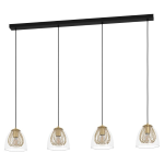 SOSPENSIONE JAZMINIA 4 X E27 METALLO NERO PARALUME VETRO DETTAGLI OTTONE 135 x 19.5 H150