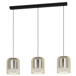 SOSPENSIONE CAMINATA 3XE27 METALLO NERO PARALUME VETRO VAPORIZZATO FUMÈ DETTAGLI OTTONE 103x17 H150