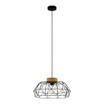 SOSPENSIONE PADSTOW 1 X E27 STRUTTURA METALLO NERO DETTAGLI LEGNO PARALUME RETICOLATO Ø45.5 H110