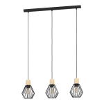 SOSPENSIONE PALMORLA 3 X E27 STRUTTURA METALLO NERO DETTAGLIO LEGNO PARALUME RETICOLATO NERO 76 x 16 H110
