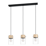 SOSPENSIONE MADRESELVA 3 X E27 ROSONE METALLO NERO PARALUME LEGNO E VETRO 119 x 14 H110