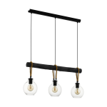 SOSPENSIONE RODING 3 X E27 DETTAGLIO CORDA E LEGNO PARALUME VETRO TRASPARENTE 88 x 18 H110