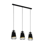 SOSPENSIONE AUSTELL 3 X E27 STRUTTURA METALLO RETICOLATO NERO PARALUME TESSUTO NERO INTERNO ORO 76.5 x 16.5 H110