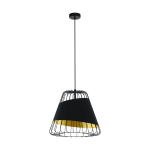 SOSPENSIONE AUSTELL 1 X E27 STRUTTURA METALLO RETICOLATO NERO PARALUME TESSUTO NERO INTERNO ORO Ø43 H110