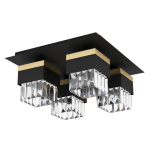 PLAFONIERA BARRANCAS 4 X E14 STRUTTURA METALLO NERO E ORO DIFUSORE CRISTALLO 38 x 38 H18