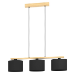 SOSPENSIONE CASTRALVO 3 X E27 STRUTTURA METALLO DETTAGLI LEGNO DIFFUSORE TESSUTO NERO 97.5 x 17.5 H110