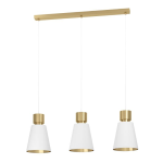 SOSPENSIONE AGLIENTINA 3 X E27 STRUTTURA METALLO OTTONE SPAZZOLATO DIFFUSORE TESSUTO BIANCO INTERNO OTTONE 90 x 20 H110