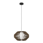 SOSPENSIONE RUSTICARIA 1 X E27 PARALUME LAMELLE LEGNO DIFFUSORE VETRO BIANCO Ø45 H110