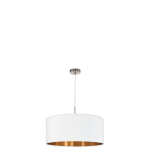 SOSPENSIONE PASTERI 1 X E27 STRUTTURA NICKEL SATINATO DIFFUSORE TESSUTO BIANCO INTERNO RAME Ø53 H110