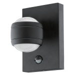 APPLIQUE SESIMBA 1 2 X 3,7W LED 3000K 560Lm STRUTTURA METALLO ZINCATO NERO DIFFUSORE LENTE CON SENSORE PIR 13 x 14 x H19,5