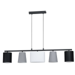 SOSPENSIONE ALMEIDA 1 5 X E14 STRUTTURA METALLO NERO DIFFUSORI TESSUTO NERO GRIGIO E BIANCO 120 x 25.5 H110