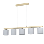 SOSPENSIONE CASTRALVO 5 X E27 STRUTTURA LEGNO CHIARO DIFFUSORE TESSUTO BIANCO 121 x 15 H110