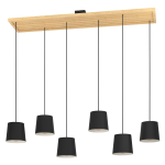 SOSPENSIONE CAMARIOCA 6 X E27 ROSONE LEGNO DIFFUSORI ACCIAIO NERO 1220x310 H1500