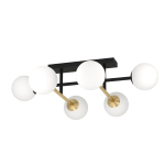 PLAFONIERA PAZ 6 X E14 STRUTTURA ACCIAIO NERO E OTTONE DIFFUSORE VETRO OPACO BIANCO 775 x 495 H225