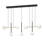 SOSPENSIONE PAZ 7 X E14 STRUTTURA ACCIAIO NERO E OTTONE DIFFUSORE VETRO OPACO BIANCO 1445 x 195 H1500