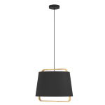 SOSPENSIONE CAMALOZA 1 X E27 STRUTTURA ACCIAIO NERO E LEGNO DIFFUSORE TESSUTO H1500 Ø440