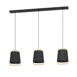 SOSPENSIONE CAMALOZA 3 X E27 STRUTTURA ACCIAIO NERO E LEGNO DIFFUSORE TESSUTO 1275 x 225 H1500