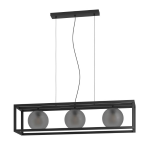 SOSPENSIONE ARANGONA 3 X E27 STRUTTURA ACCIAIO NERO DIFFUSORI VETRO GRIGIO OPACO 1100x250 H1500