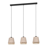 SOSPENSIONE TABLEY 3 X E27 STRUTTURA ACCIAIO NERO DIFFUSORI TESSUTO E LEGNO L890 x 190 H1100