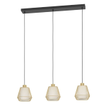 SOSPENSIONE CIUDADELA 3 X E27 STRUTTURA ACCIAIO NERO DIFFUSORE ACCIAIO OTTONE E TESSUTO BIANCO L880 x 180 H1100