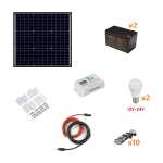 KIT FOTOVOLTAICO 50W A ISOLA PANNELLO 50W REGOLATORE DI CARICA 10A DUE BATTERIE DUE LAMPADINE STAFFE E PROLUNGHE