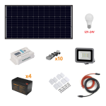 KIT FOTOVOLTAICO 110W A ISOLA PANNELLO 110W REGOLATORE DI CARICA 10A 4 BATTERIE 1 LAMPADINA 1 FARETTO STAFFE E PROLUNGHE