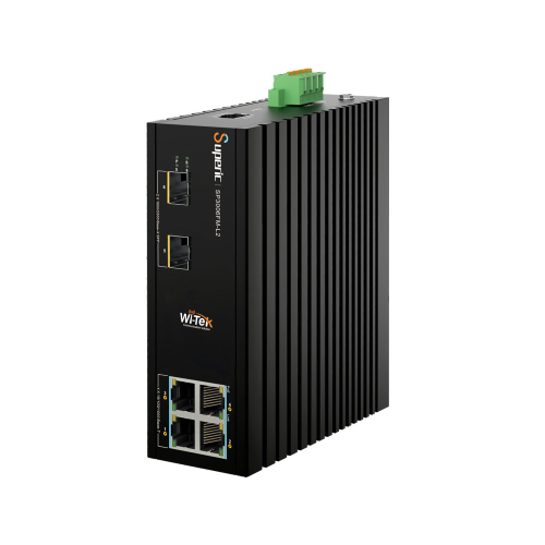 Switch PoE gestibile Wi-Tek L2 di livello industriale. 4 porte PoE 10/100/1000Mbps. 2 porte SFP da 1000 Mbps. 1 porta console. 120W di erogazione PoE totale. Intervallo di temperatura esteso da -40°C a +75°C.