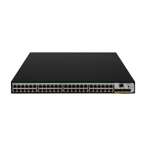 Switch H3C PoE gestibile L2. 48 porte Gigabit PoE. 4 porte SFP+ Ten-Gigabit. 1 porta console. Erogazione PoE fino a 30W per porta e 370W totali. Suddivisione VLAN, 802.3x. Aggregazione dei collegamenti. Snooping IGMP. Gestione web semplificata. 16K indiri