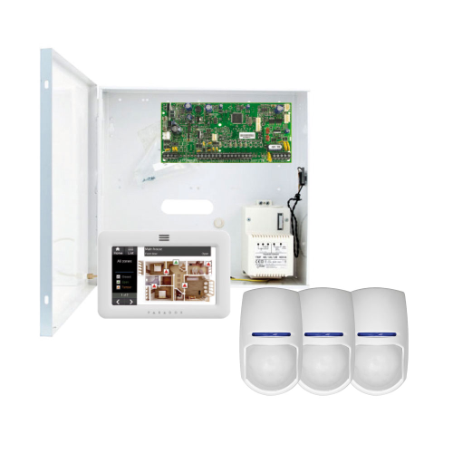 Kit Pyronix Paradox composto da: 1x Central PAR-16 (PCBSP5500) da 6 a 32 zone. 1x Caja metalica grande PAR-116 con trasformatore 2,2 Amp y capacità per batteria da 7,2Ah. 1x Teclado PAR-29L (TM50-WH + SOL) tattile da 5,0 ". 3 rilevatori di doppia tecnolog