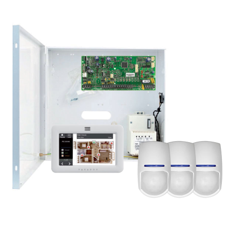 Kit Pyronix Paradox composto da: 1x Central PAR-10 (PCBEVO192) da 8 a 192 zone; 1x Caja metalica grande PAR-116 con trasformatore; 1x Teclado PAR-29L (TM50-WH + SOL) tattile da 5,0 "; 3 rilevatori di doppia tecnologia PYRO-9 (KX15DTAM) con antimasking, Gr