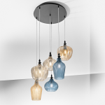 LAMPADARIO SOSPENSIONE CLEOFE S/6 MULTICOLOR 6 X E27 PARALUMI IN VETRO AMBRA OCRA E COBALTO D710 MM