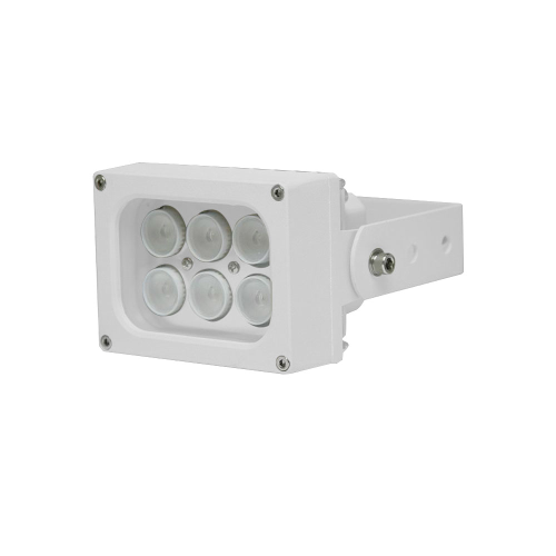 White illumination spotlight. Range 60 meters, 45°. Robust construction for outdoor use. Aluminum housing provides high thermal conductivity. Tempered glass panel. Including swiveling bracket.