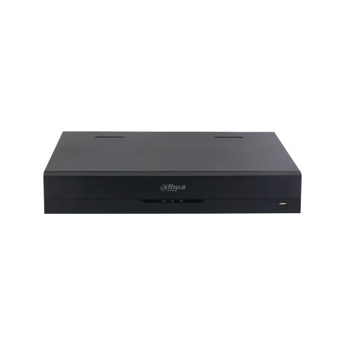 NVR Dahua WizSense 32 channels. Resolution up to 32MP. AI from recorder and camera: facial, metadata, ANPR, SMD Plus, counting and EPI. 8K, 2 HDMI and 2 VGA outputs. Bandwidth 448 Mbps. Supports 4 HDD. Dual RJ-45 interface. Compatible with ONVIF, iSCSI an