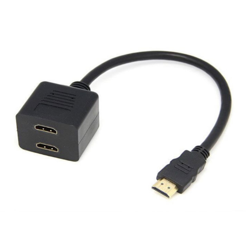 Splitter from 1 HDMI male input to 2 HDMI female outputs. Length of 30 cm