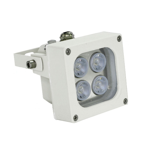 Infrared illumination spotlight. Range 80 meters, 45°. 4 Epistar dot-matrix IR LEDs. IP66 protection. White color. Includes swiveling support.