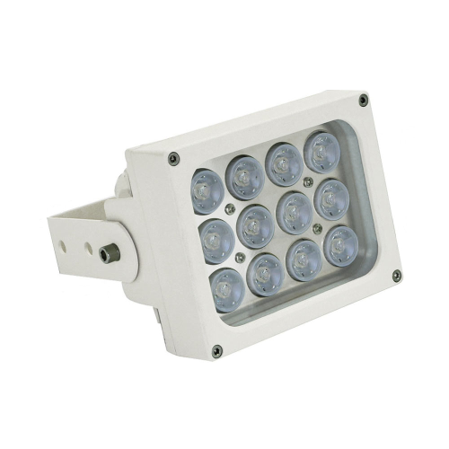 Infrared illumination spotlight. Range 150 meters, 60°. 12 Epistar dot-matrix IR LEDs. IP66 protection. White color. Includes swiveling support.