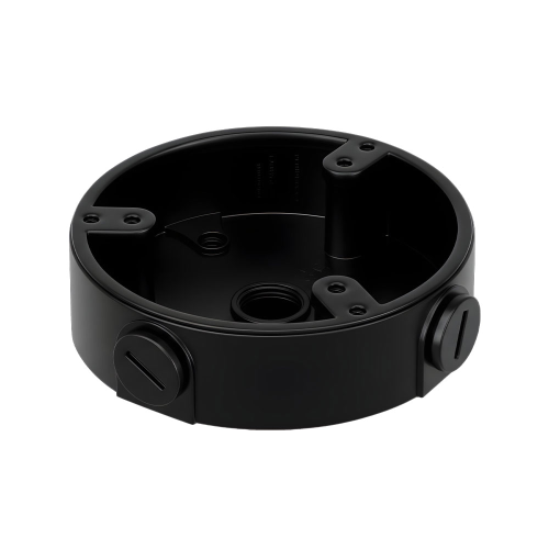 Junction box for VESTA Advanced Video domes. Made of aluminum alloy with black finish. Side and bottom exit holes. Allows to organize the wiring in a safe way