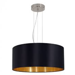 SOSPENSIONE LAMPADARIO MASERLO 3 X E27 ROSONE METALLO NIKEL DIFFUSORE IN TESSUTO NERO INTERNO ORO Ø53 H110
